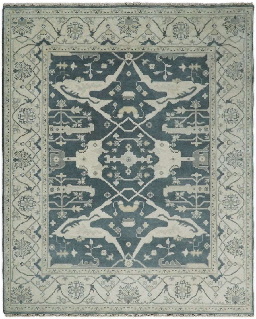 Hand Knotted 8x10 Oriental Oushak Teal and Ivory Wool Area Rug | TRDCP80810 - The Rug Decor
