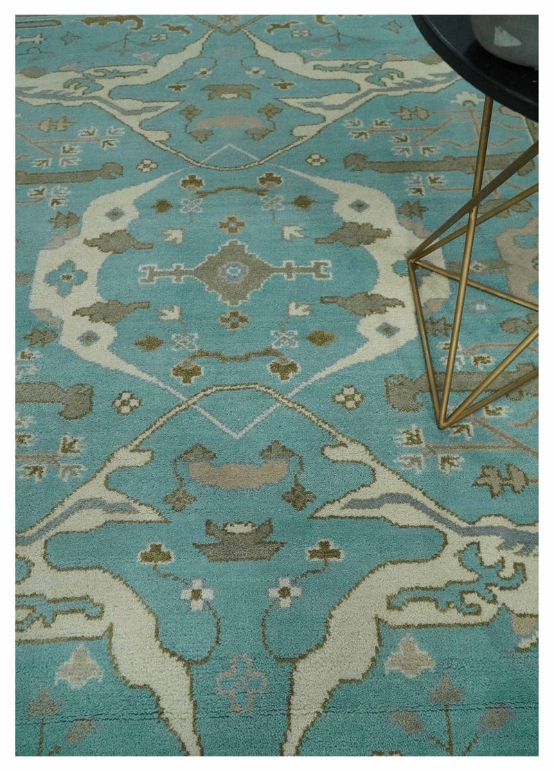 Hand Knotted 8x10 Oushak Aqua, Ivory and Brown Wool Area Rug - The Rug Decor