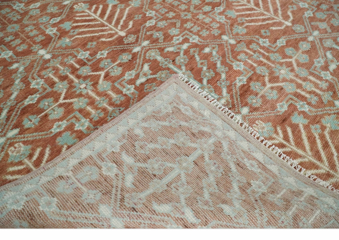 Hand knotted 9.4x12 Rust and Aqua Floral Tree wool Area Rug - The Rug Decor