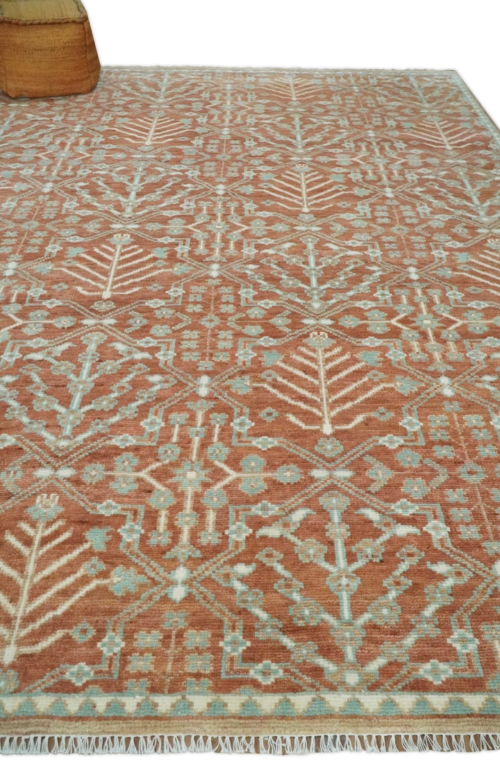 Hand knotted 9.4x12 Rust and Aqua Floral Tree wool Area Rug - The Rug Decor