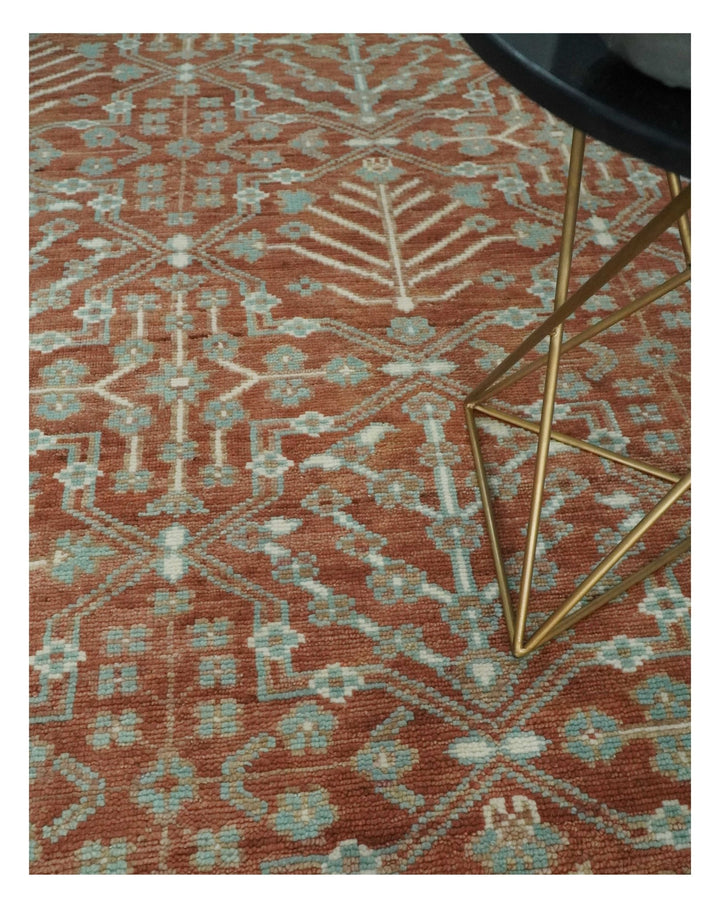 Hand knotted 9.4x12 Rust and Aqua Floral Tree wool Area Rug - The Rug Decor