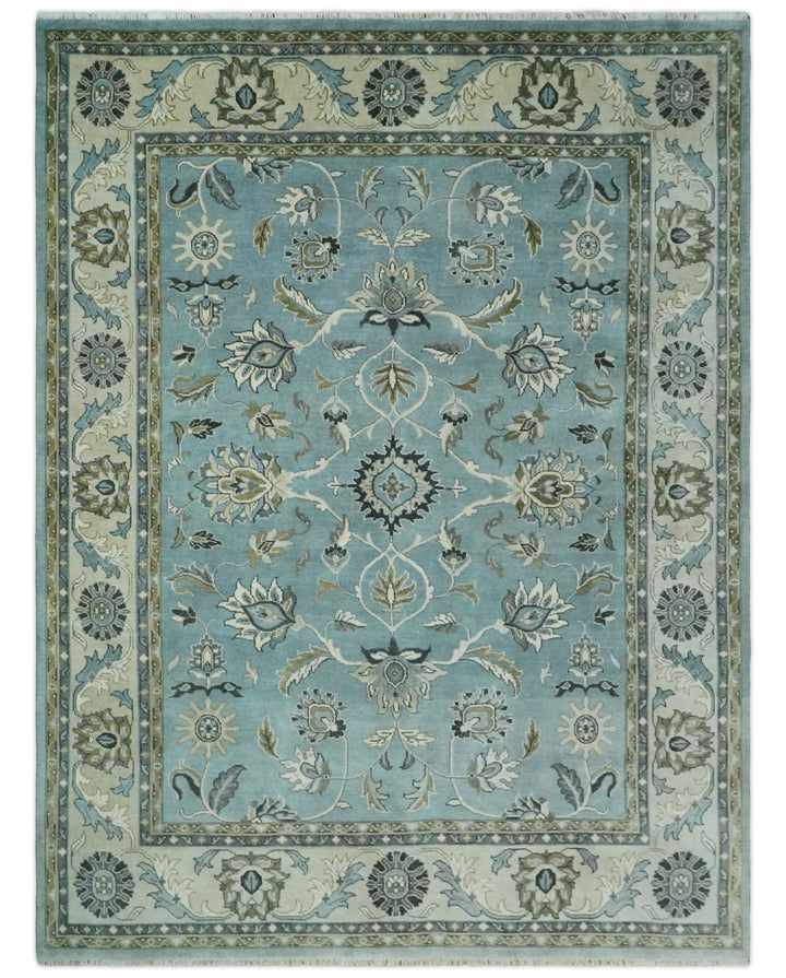 Hand Knotted 9x12 Blue and Ivory Traditional Persian Oushak Wool Rug | TRDCP908912 - The Rug Decor