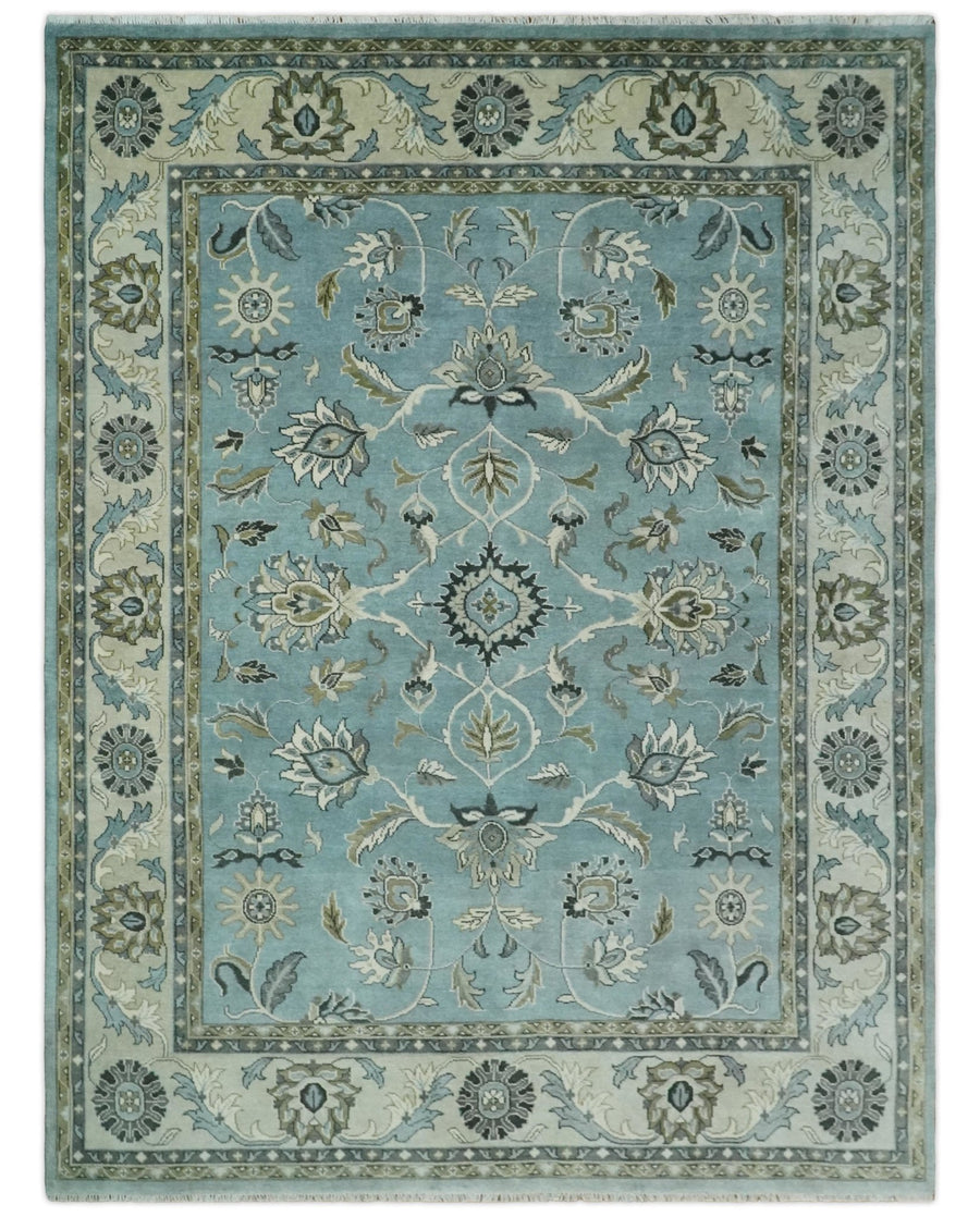 Hand Knotted 9x12 Blue and Ivory Traditional Persian Oushak Wool Rug | TRDCP908912 - The Rug Decor