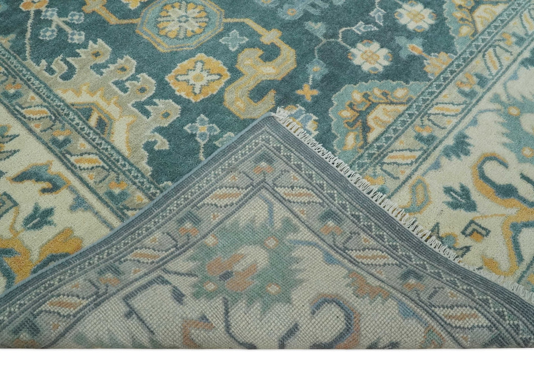 Hand Knotted 9x12 Blue, Ivory and Beige Antique Finish Turkish Style Oushak Wool Area Rug | TRDCP1084912 - The Rug Decor