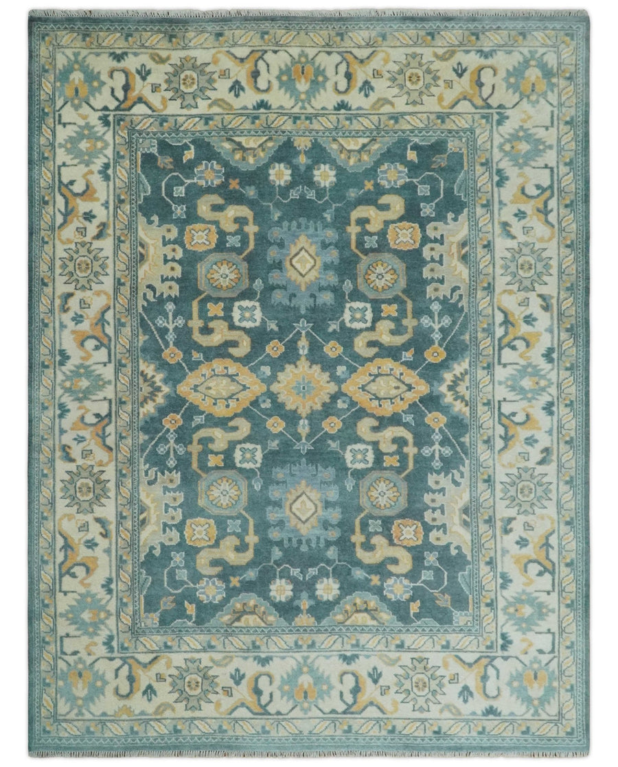 Hand Knotted 9x12 Blue, Ivory and Beige Antique Finish Turkish Style Oushak Wool Area Rug | TRDCP1084912 - The Rug Decor