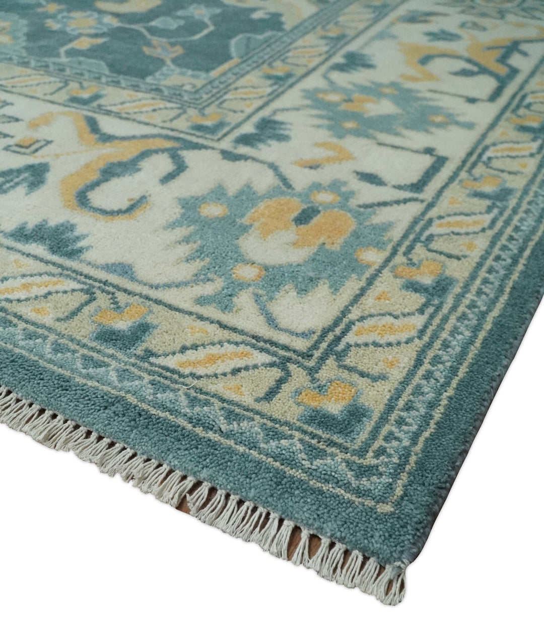 Hand Knotted 9x12 Blue, Ivory and Beige Antique Finish Turkish Style Oushak Wool Area Rug | TRDCP1084912 - The Rug Decor