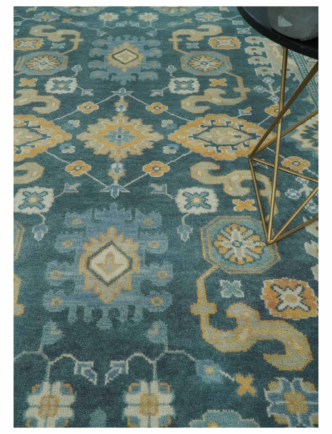Hand Knotted 9x12 Blue, Ivory and Beige Antique Finish Turkish Style Oushak Wool Area Rug | TRDCP1084912 - The Rug Decor
