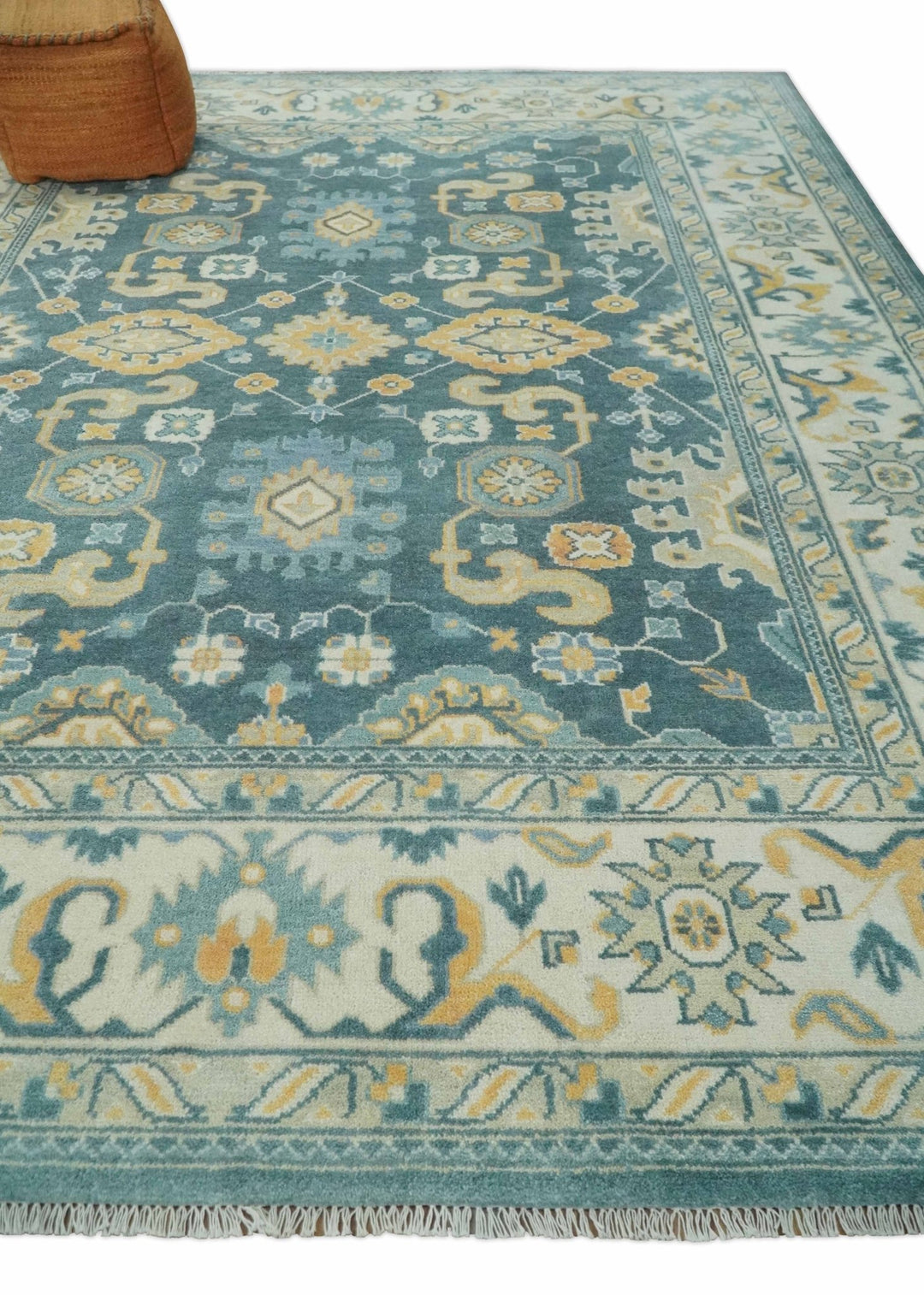 Hand Knotted 9x12 Blue, Ivory and Beige Antique Finish Turkish Style Oushak Wool Area Rug | TRDCP1084912 - The Rug Decor