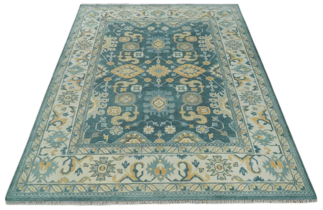 Hand Knotted 9x12 Blue, Ivory and Beige Antique Finish Turkish Style Oushak Wool Area Rug | TRDCP1084912 - The Rug Decor