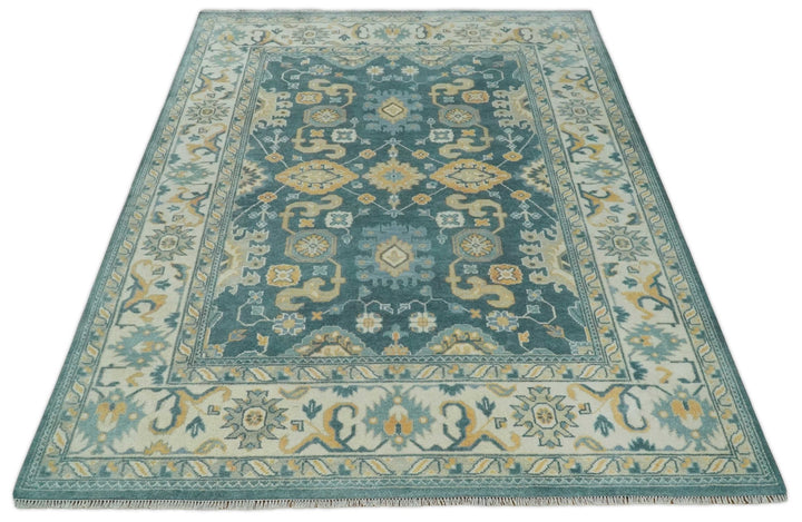 Hand Knotted 9x12 Blue, Ivory and Beige Antique Finish Turkish Style Oushak Wool Area Rug | TRDCP1084912 - The Rug Decor