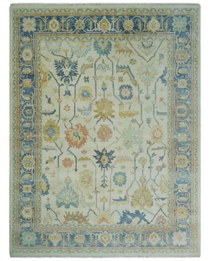 Hand Knotted 9x12 Ivory and Blue Traditional Vintage Persian Style Wool Rug | TRDCP812912 - The Rug Decor