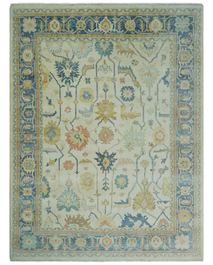Hand Knotted 9x12 Ivory and Blue Traditional Vintage Persian Style Wool Rug | TRDCP812912 - The Rug Decor