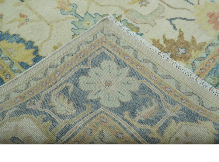 Hand Knotted 9x12 Ivory and Blue Traditional Vintage Persian Style Wool Rug | TRDCP812912 - The Rug Decor