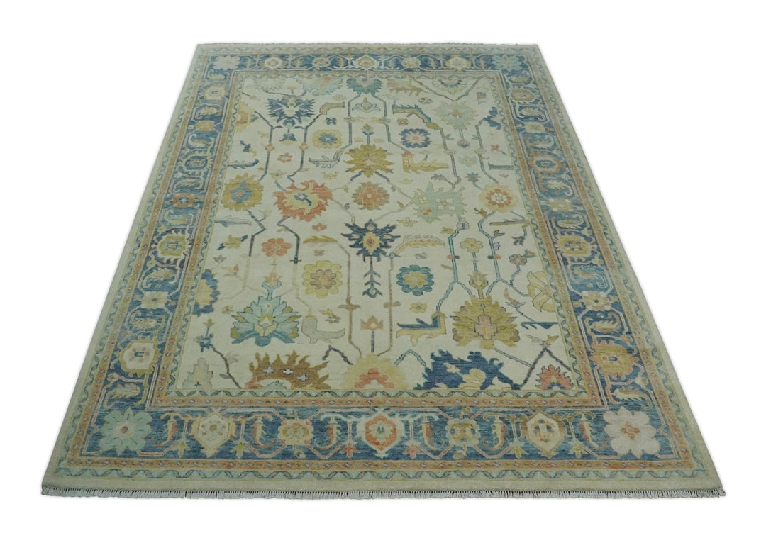 Hand Knotted 9x12 Ivory and Blue Traditional Vintage Persian Style Wool Rug | TRDCP812912 - The Rug Decor