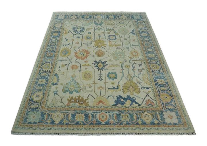 Hand Knotted 9x12 Ivory and Blue Traditional Vintage Persian Style Wool Rug | TRDCP812912 - The Rug Decor