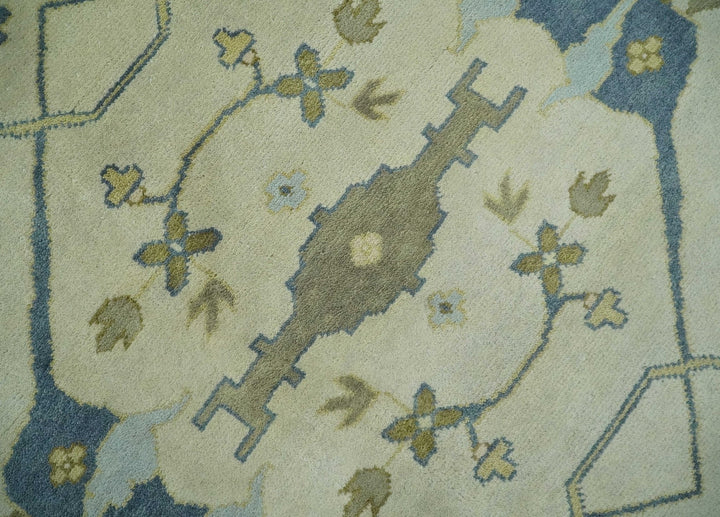 Hand Knotted 9x12 Oriental Oushak Beige and Blue Wool Area Rug, Living Room Rug | TRDCP1093912 - The Rug Decor