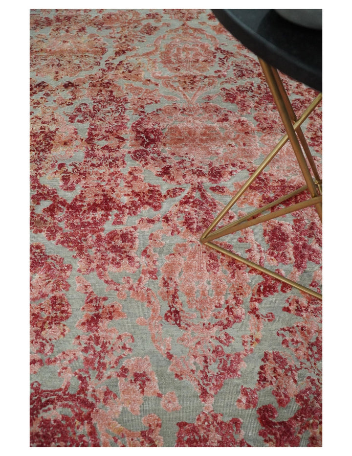 Hand Knotted 9x12 Pink and Silver Modern Persian Abstract Bamboo Silk and Wool Area Rug | TRD2061912 - The Rug Decor