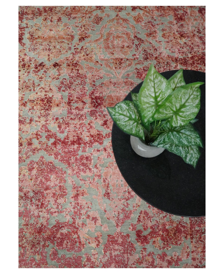 Hand Knotted 9x12 Pink and Silver Modern Persian Abstract Bamboo Silk and Wool Area Rug | TRD2061912 - The Rug Decor