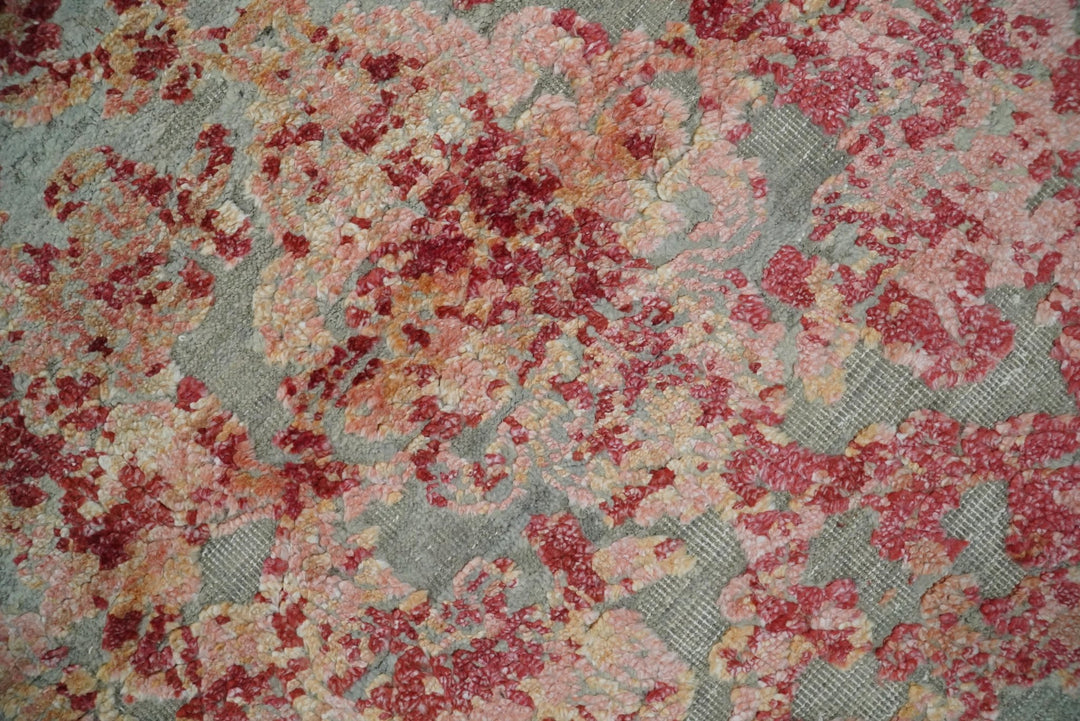 Hand Knotted 9x12 Pink and Silver Modern Persian Abstract Bamboo Silk and Wool Area Rug | TRD2061912 - The Rug Decor