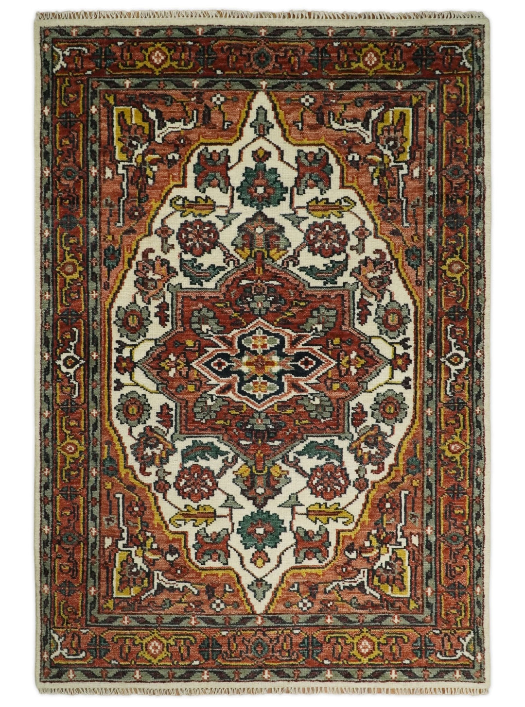 Hand Knotted Antique 5x8, 6x9, 8x10, 9x12 and 10x14 Ivory and Rust Traditional Persian Area Rug | TRDCP89 - The Rug Decor