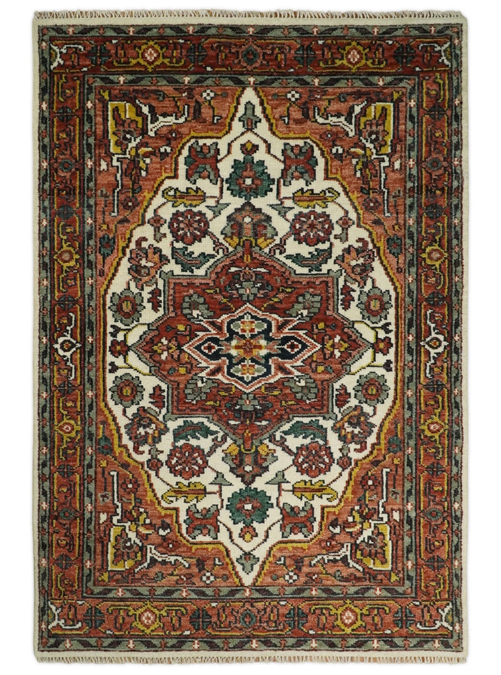 Hand Knotted Antique 5x8, 6x9, 8x10, 9x12 and 10x14 Ivory and Rust Traditional Persian Area Rug | TRDCP89 - The Rug Decor