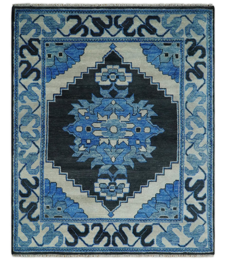 Hand Knotted Antique 6x9, 8x10, 9x12, 10x14 and 12x15 Blue, Black and Ivory Traditional Heriz Serapi Wool Rug | TRDCP822 - The Rug Decor