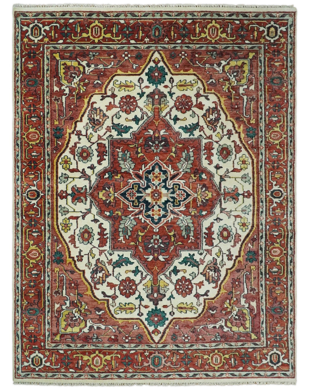 Hand Knotted Antique 8x10 Ivory and Rust Traditional Persian Area Rug | TRDCP89810 - The Rug Decor