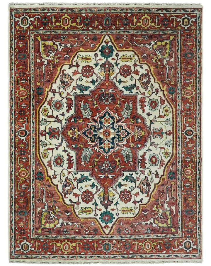 Hand Knotted Antique 8x10 Ivory and Rust Traditional Persian Area Rug | TRDCP89810 - The Rug Decor