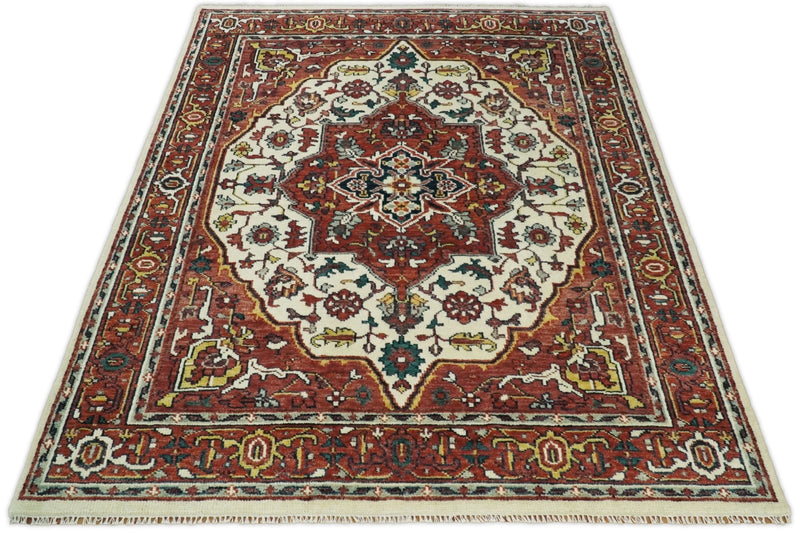 Hand Knotted Antique 8x10 Ivory and Rust Traditional Persian Area Rug | TRDCP89810 - The Rug Decor