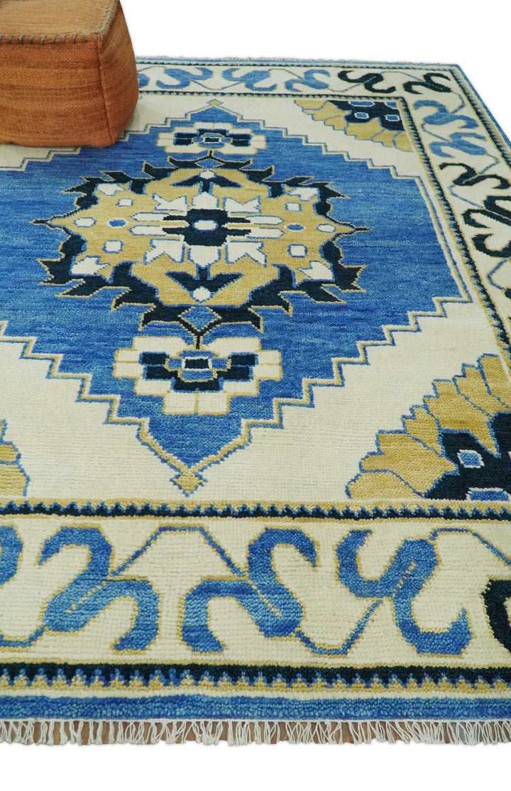 Hand Knotted Antique 8x10 Ivory, Blue and Beige Traditional Heriz Serapi Wool Rug | TRDCP861810 - The Rug Decor
