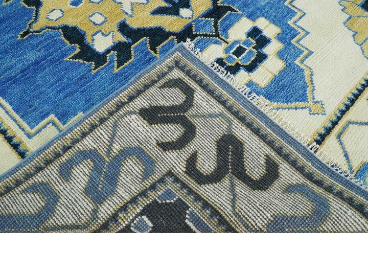 Hand Knotted Antique 8x10 Ivory, Blue and Beige Traditional Heriz Serapi Wool Rug | TRDCP861810 - The Rug Decor
