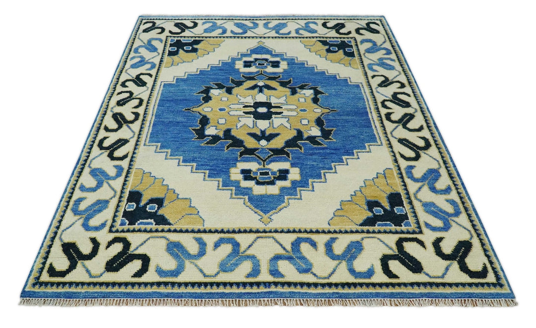 Hand Knotted Antique 8x10 Ivory, Blue and Beige Traditional Heriz Serapi Wool Rug | TRDCP861810 - The Rug Decor