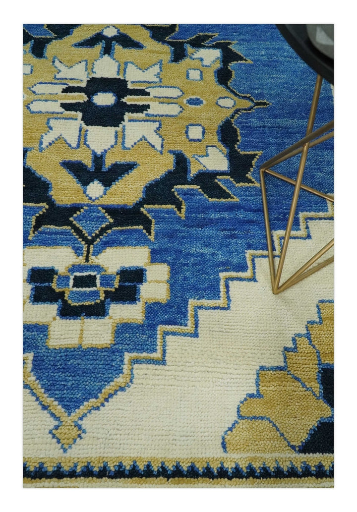 Hand Knotted Antique 8x10 Ivory, Blue and Beige Traditional Heriz Serapi Wool Rug | TRDCP861810 - The Rug Decor