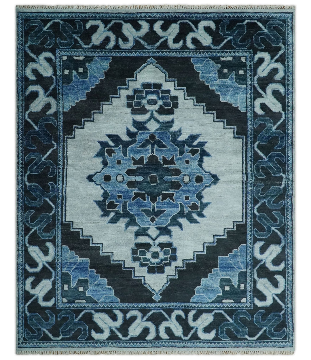 Hand Knotted Antique 8x10 Silver, Blue and Black Traditional Heriz Serapi Wool Rug | TRDCP873810 - The Rug Decor