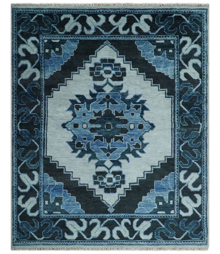 Hand Knotted Antique 8x10 Silver, Blue and Black Traditional Heriz Serapi Wool Rug | TRDCP873810 - The Rug Decor