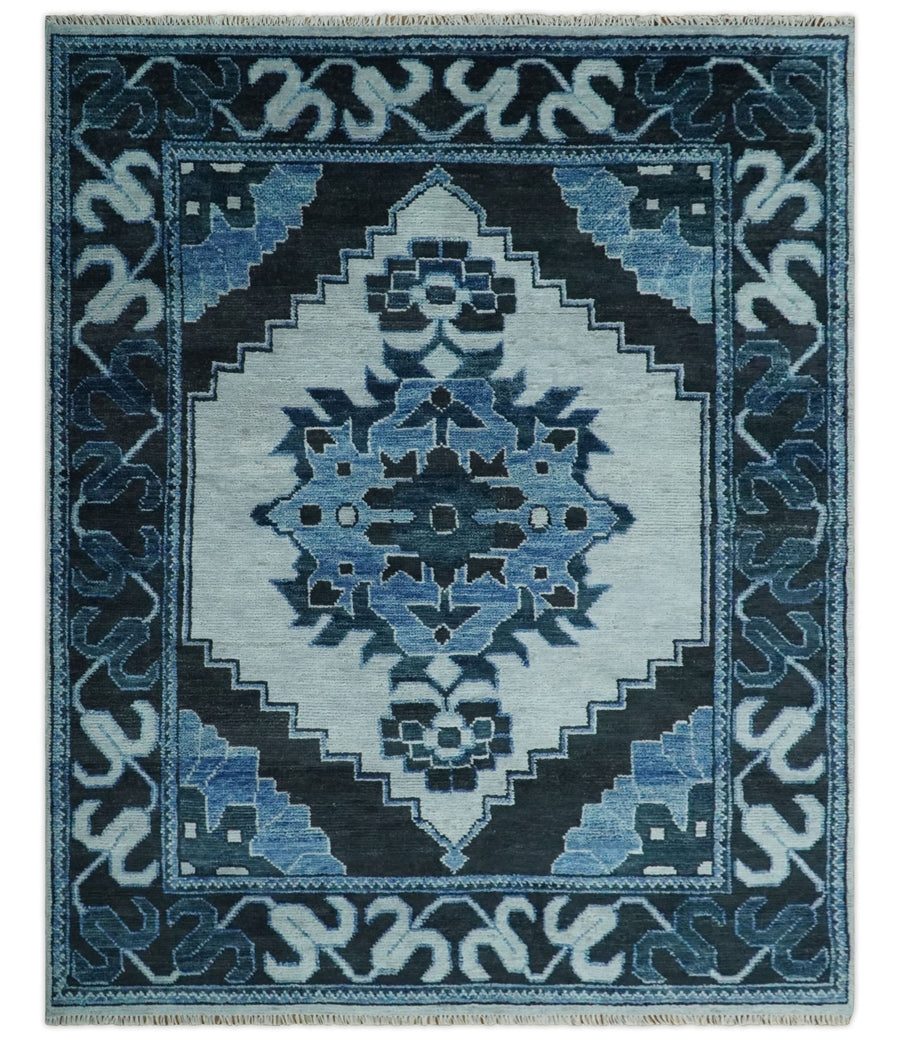 Hand Knotted Antique 8x10 Silver, Blue and Black Traditional Heriz Serapi Wool Rug | TRDCP873810 - The Rug Decor