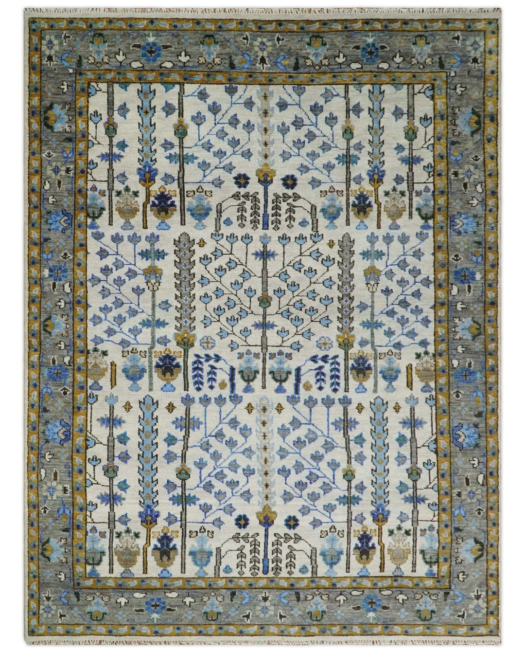 Hand Knotted Antique Ivory, Blue and Gray Traditional Persian Vintage Oushak Wool Rug | TRDCP708 - The Rug Decor