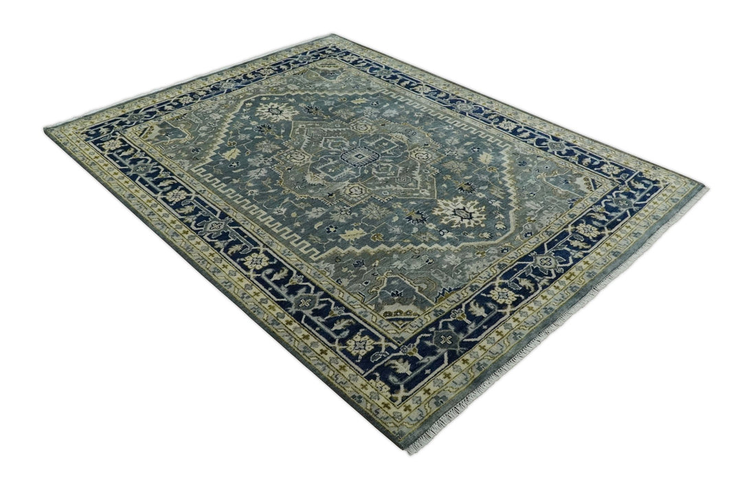 Hand Knotted Antique Moss Gray 6x9, 8x10, 9x12, 10x14 and 12x15 Beige and Blue Traditional Heriz Serapi Wool Rug | TRDCP814 - The Rug Decor