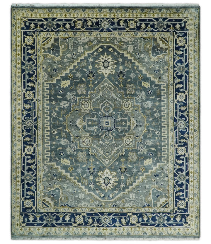 Hand Knotted Antique Moss Gray 6x9, 8x10, 9x12, 10x14 and 12x15 Beige and Blue Traditional Heriz Serapi Wool Rug | TRDCP814 - The Rug Decor
