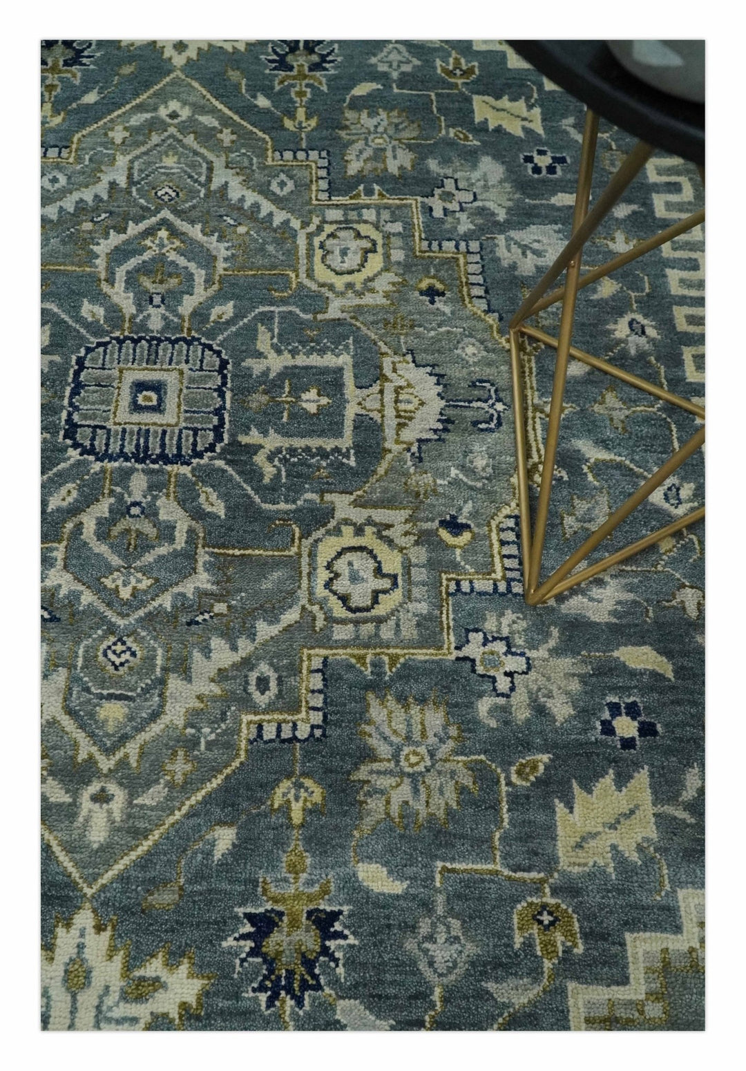 Hand Knotted Antique Moss Gray 6x9, 8x10, 9x12, 10x14 and 12x15 Beige and Blue Traditional Heriz Serapi Wool Rug | TRDCP814 - The Rug Decor