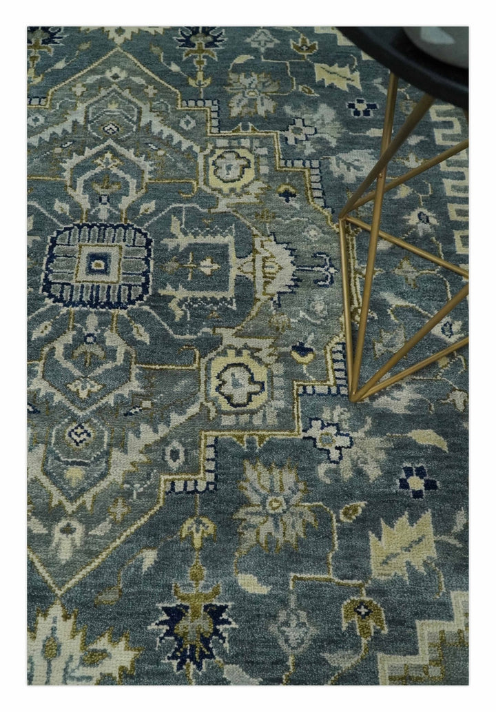 Hand Knotted Antique Moss Gray 6x9, 8x10, 9x12, 10x14 and 12x15 Beige and Blue Traditional Heriz Serapi Wool Rug | TRDCP814 - The Rug Decor
