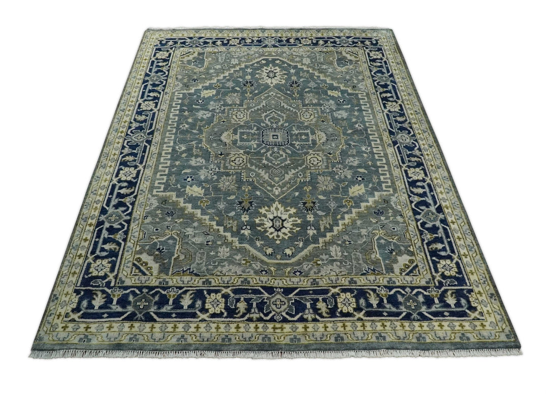 Hand Knotted Antique Moss Gray 6x9, 8x10, 9x12, 10x14 and 12x15 Beige and Blue Traditional Heriz Serapi Wool Rug | TRDCP814 - The Rug Decor