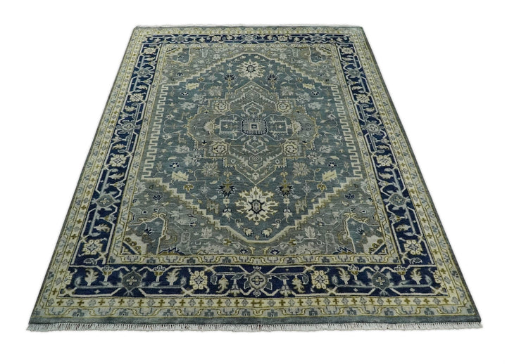 Hand Knotted Antique Moss Gray 6x9, 8x10, 9x12, 10x14 and 12x15 Beige and Blue Traditional Heriz Serapi Wool Rug | TRDCP814 - The Rug Decor