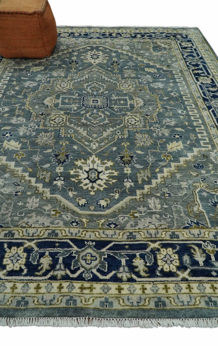 Hand Knotted Antique Moss Gray 6x9, 8x10, 9x12, 10x14 and 12x15 Beige and Blue Traditional Heriz Serapi Wool Rug | TRDCP814 - The Rug Decor
