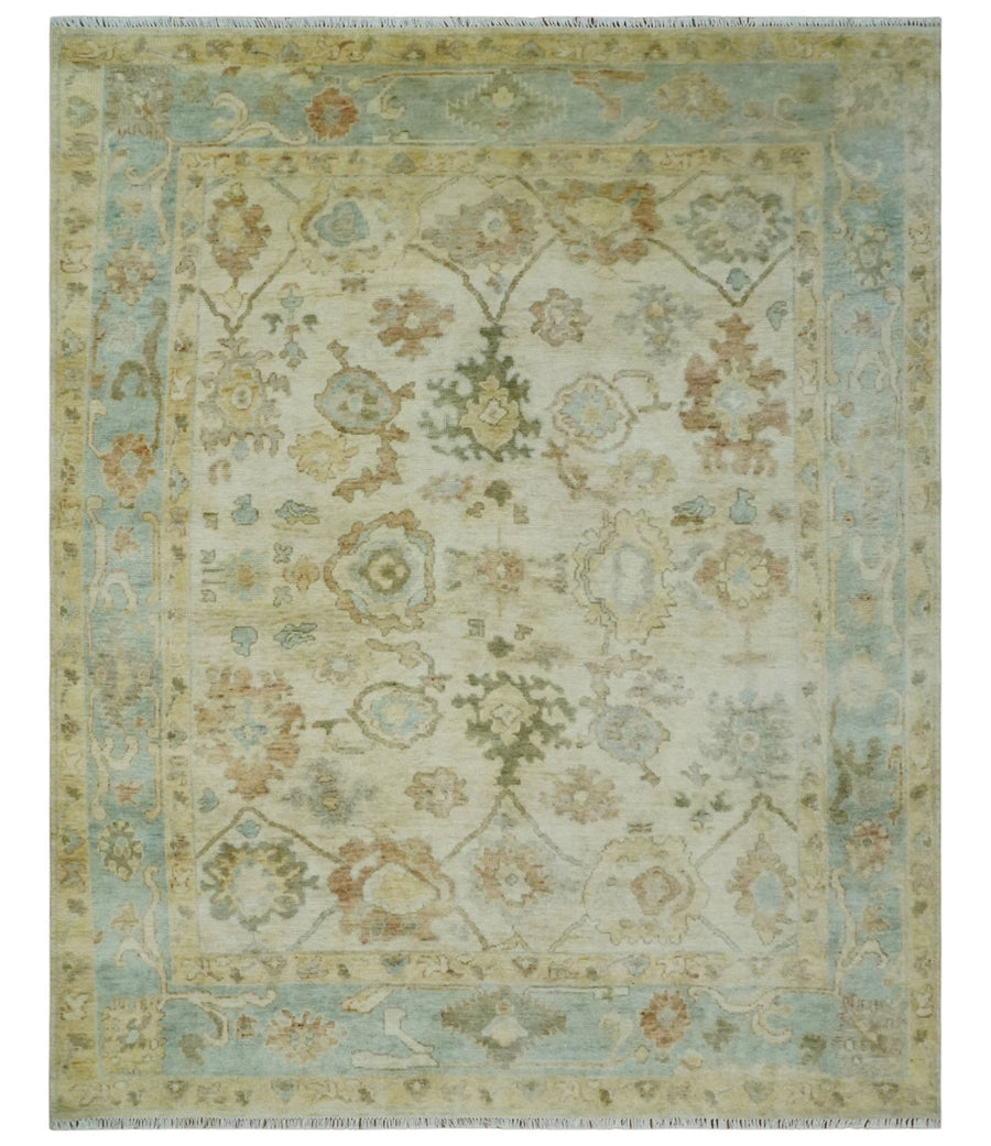 Hand Knotted Antique Style Beige and Silver 8x10 Oushak Wool Area Rug - The Rug Decor