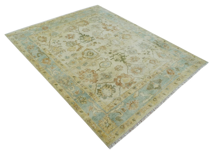 Hand Knotted Antique Style Beige and Silver 8x10 Oushak Wool Area Rug - The Rug Decor