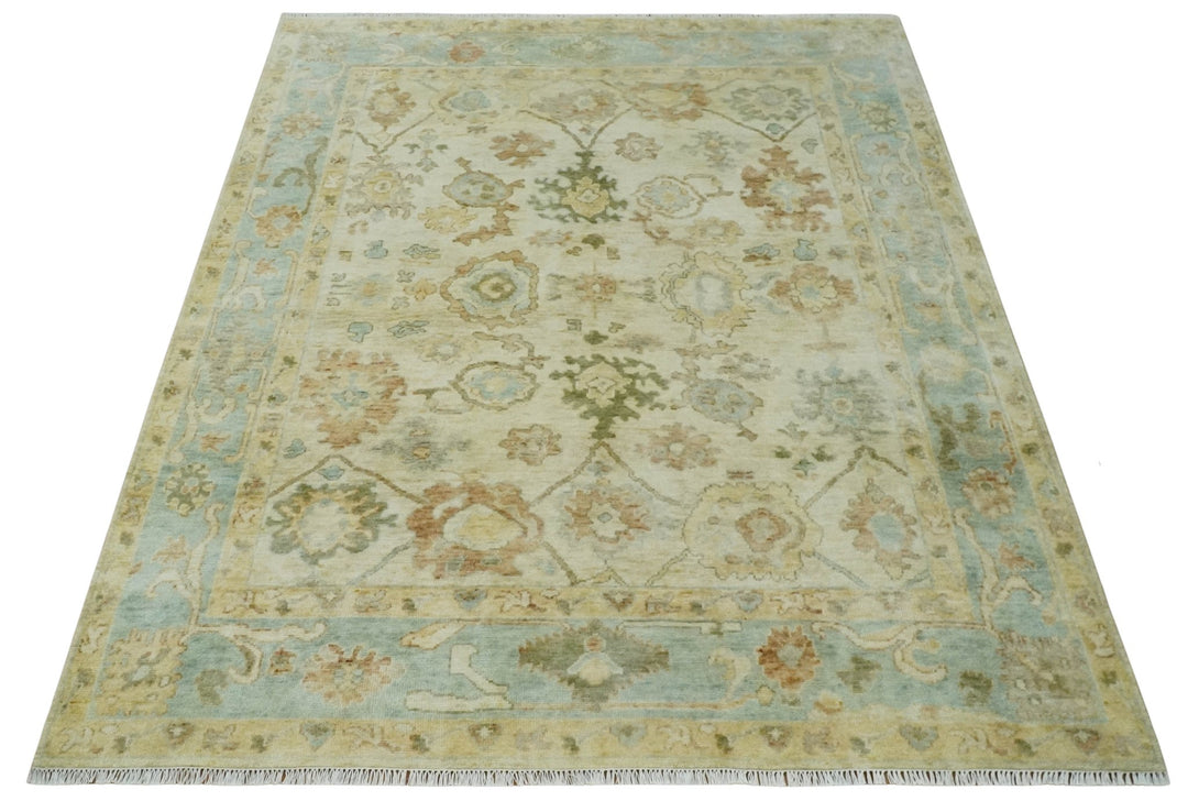 Hand Knotted Antique Style Beige and Silver 8x10 Oushak Wool Area Rug - The Rug Decor