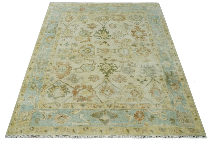 Hand Knotted Antique Style Beige and Silver 8x10 Oushak Wool Area Rug - The Rug Decor