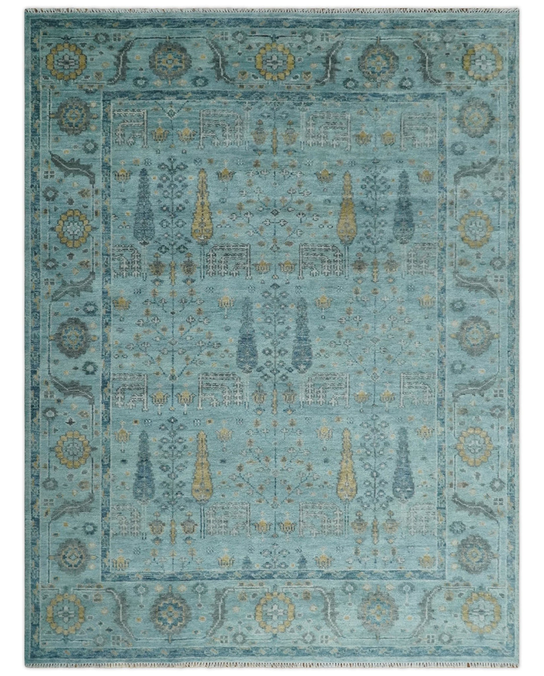 Hand Knotted Aqua and Beige Multi Size Traditional Turkish Tree of Life Wool Rug - The Rug Decor
