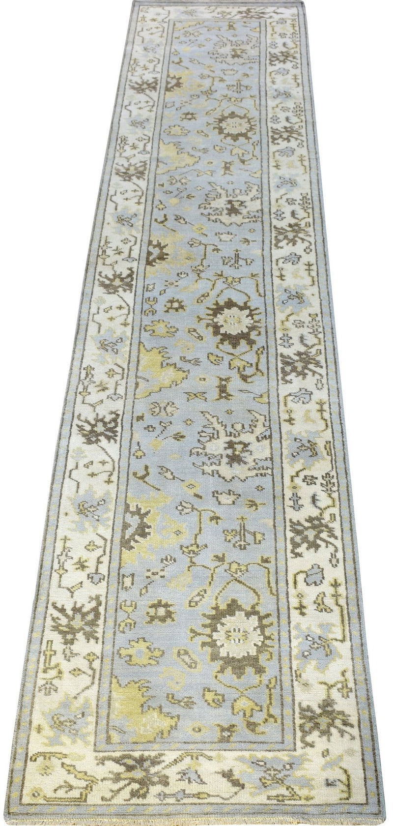 Hand Knotted Blue and Beige Antique Oushak Blue and Beige Wool Runner Rug - The Rug Decor